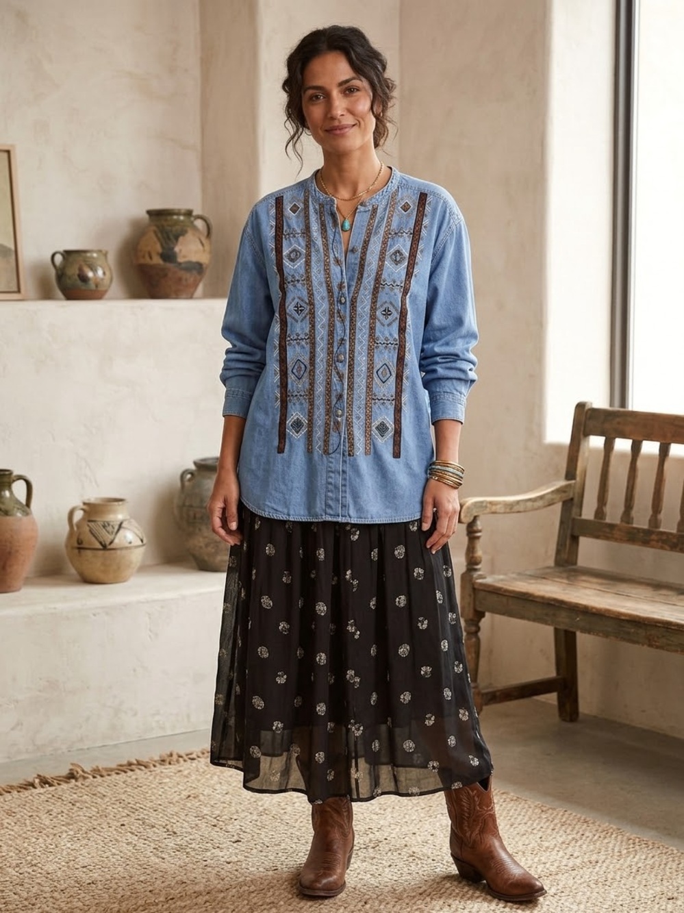 Sigrid Olsen xl Vtg 90s y2k Folk Embroidered Denim Jean Tribal Bib Shirt Western